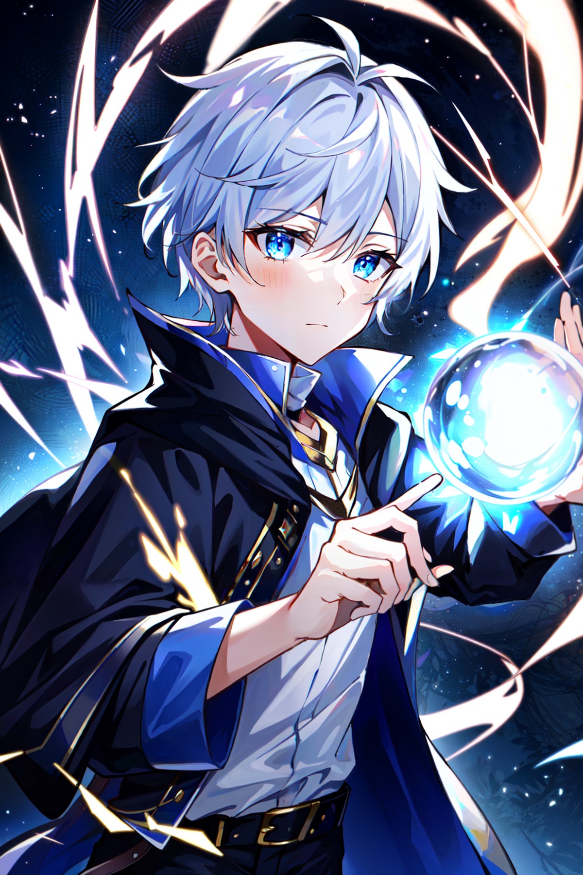 <lora:LightingVFX:0.2> absurdres, portrait a 1boy mage, glowing ball in hand, lighting intricate, tiny spark lighting,